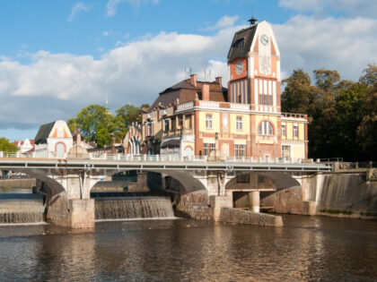 Hydroelectric Power station on the Elbe river in Hradec Kralove, Czech Republic. historic