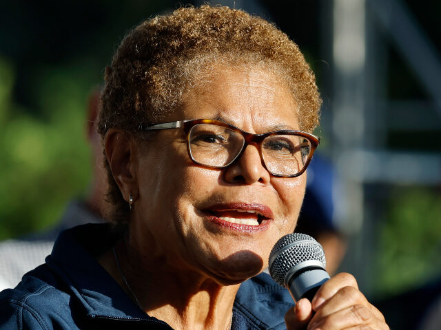 Los Angeles Mayor Karen Bass speaks at a candlelight vigil on June 10, 2025 in Los Angeles