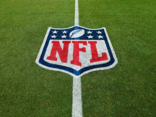 JACKSONVILLE, FLORIDA- AUGUST 9: A detail of a NFL Shield logo painted on the field prior