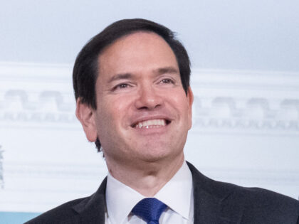 US Secretary of State Marco Rubio (R) greets Israeli Foreign Minister Gideon Sa'ar pr