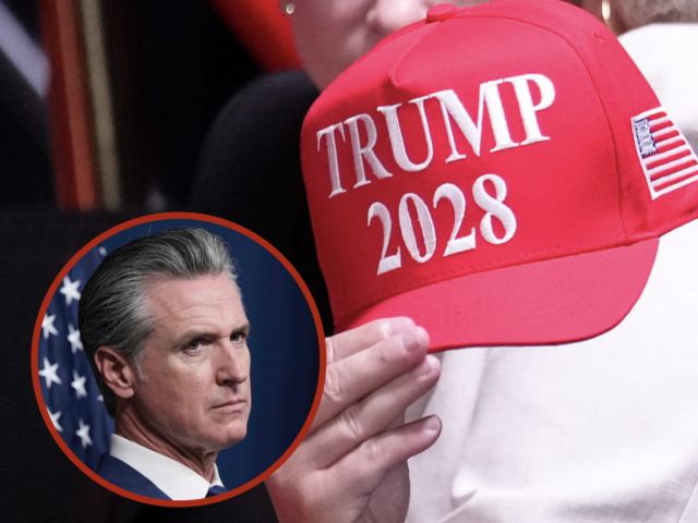 Gavin Newsom Trump 2028 (Getty / Associated Press) Background: WASHINGTON, DC - AUGUST 13: U.S. Sen. Lindsey Graham (R-SC) holds up a hat tha