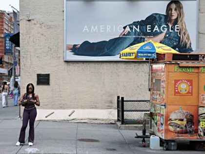 NEW YORK, NEW YORK - AUGUST 01: A billboard of actress Sydney Sweeney is seen outside of a
