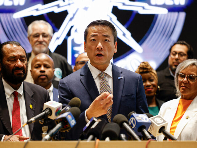 Texas Democrats Flee Texas Representative Gene Wu (C) speaks in front of Democratic members of Congress and Tex