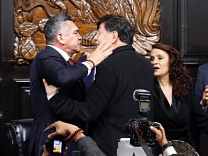 Senator Alejandro Moreno (L) of the Institutional Revolutionary Party (PRI) scuffles with