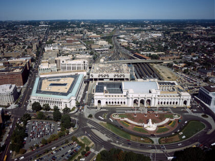 UNITED STATES - AUGUST 28: Aerial view of Washington, D.C. Union Station, looking north (P