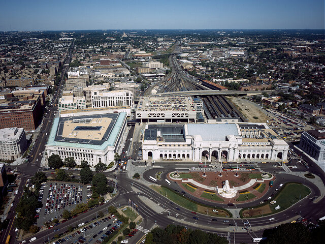 Smithsonian Institution Arts and Industries building, Washington, D.C. UNITED STATES - AUGUST 28: Aerial view of Washington, D.C. Union Station, looking north (P