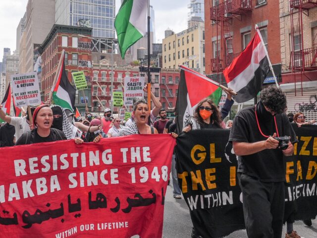 NEW YORK CITY, UNITED STATES - AUGUST 2: Pro-Palestinian Americans, holding banners and Pa