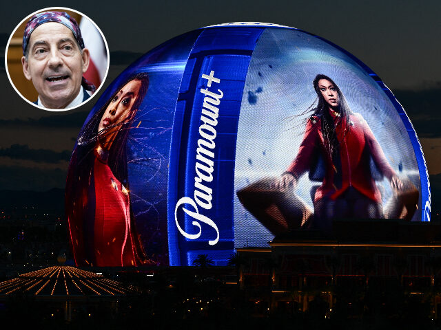 raskinparamount The Paramount Global Paramount+ streaming service logo is displayed on the Sphere arena in