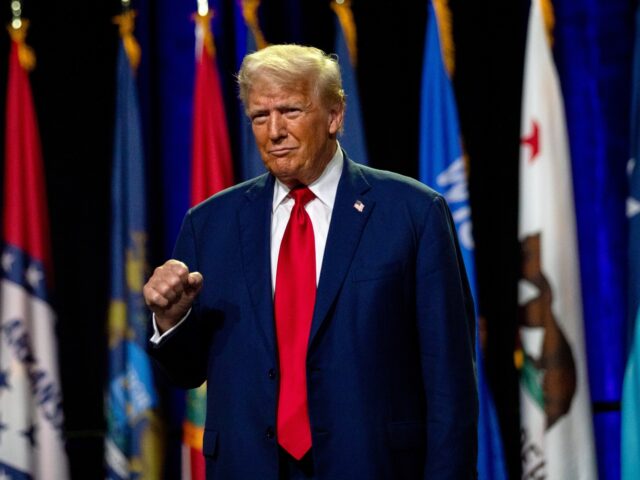 DETROIT, MICHIGAN - AUGUST 26: Former U.S. President Donald Trump raises his fist as he gr