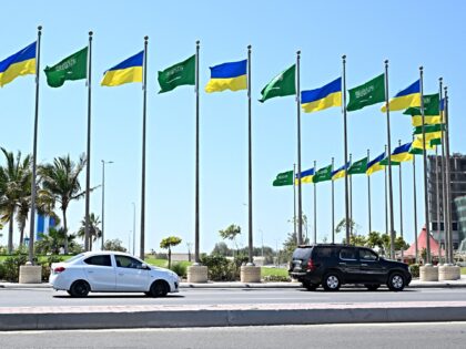 Flags of Saudi Arabia and Ukraine line the King Abdulaziz Road in the Saudi Red Sea port c