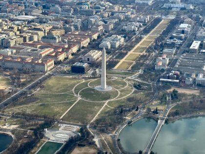 This aerial view shows the National Mall in Washington, DC on January 7, 2023