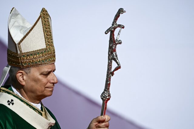 Pope Leo XIV presiding over the mass outside Rome on Sunday, a highlight of the Catholic C