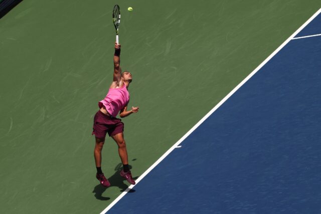 Spain's Carlos Alcaraz serves on his way to a dominant US Open third round victory ov