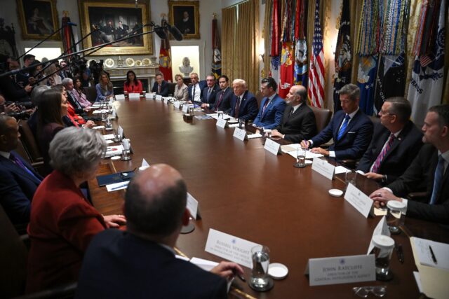 US President Donald Trump participates in a cabinet meeting in the Cabinet Room of the Whi
