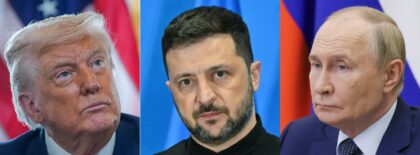 US President Donald Trump, Ukrainian President Volodymyr Zelensky and Russian President Vl