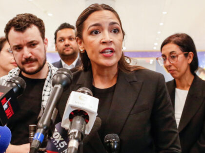 US Representative Alexandria Ocasio-Cortez, Democrat of New York, speaks to the press next