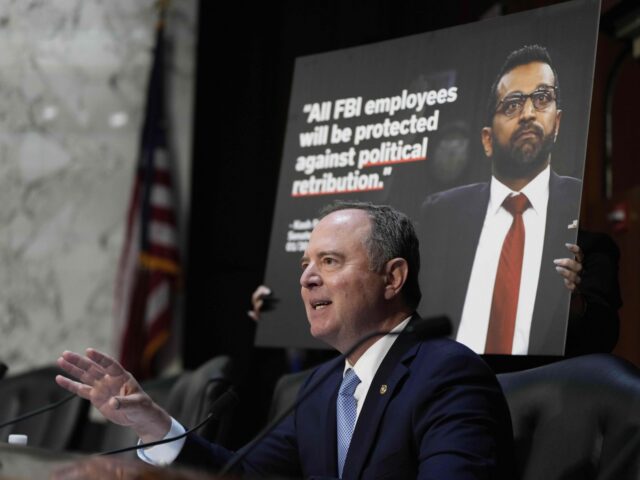 Sen. Adam Schiff, D-Calif., speaks to FBI Director Kash Patel as he appears before the Sen