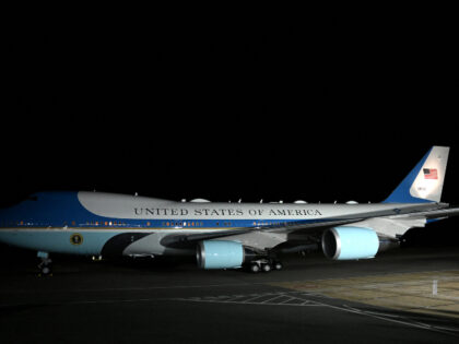 The US President's aircraft, known as Air Force One, lands on the tarmac at Stansted