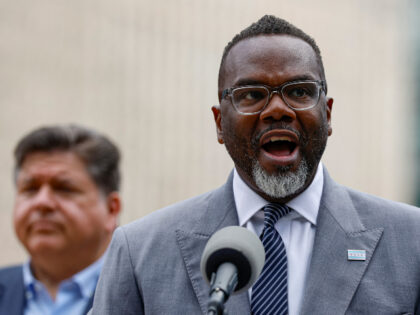 Chicago Mayor Brandon Johnson speaks during a press conference in Chicago, Illinois, on Au