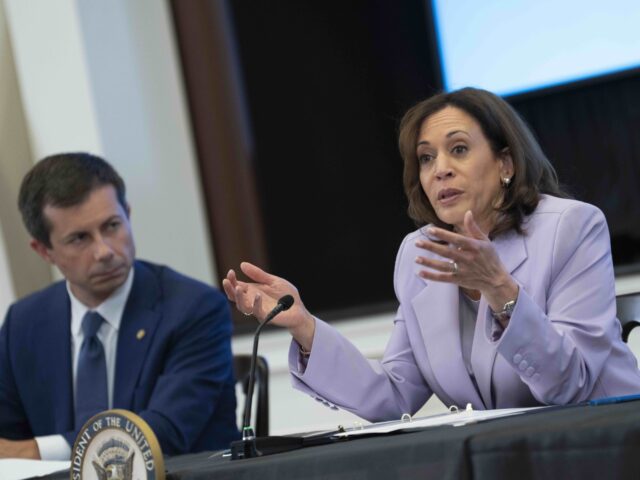 Buttigieg and Harris (Chris Kleponis/CNP/Bloomberg via Getty) US Vice President Kamala Harris during a meeting in the Indian Treaty Room in Washington,