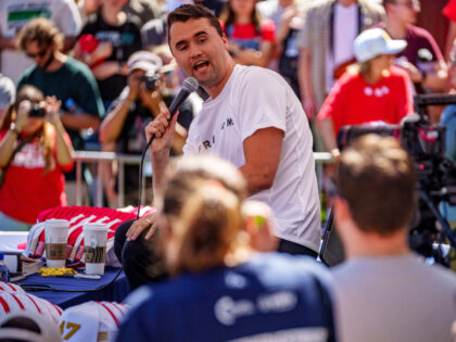 Charlie Kirk speaks at Utah Valley University on September 10, 2025 in Orem, Utah. Kirk, f