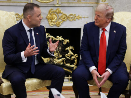 U.S. President Donald Trump (R) holds a bilateral meeting with Polish President Karol Nawr