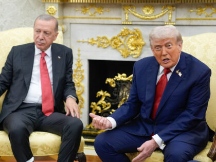 US President Donald Trump, right, and Recep Tayyip Erdogan, Turkey's president, durin