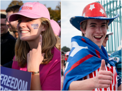 A young female Kamala Harris supporter (left) at a rally on October 29, 2024; and a young