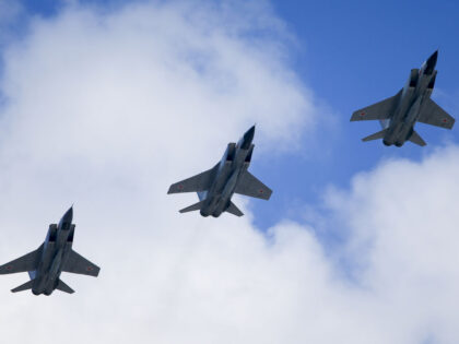 MOSCOW, RUSSIA - JUNE 24: MIG-31k fighter jet, with Kinzhal missile system, performs durin