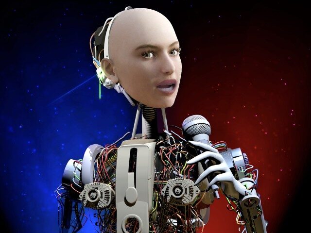 GettyImages-1477993161 Singer robot on stage sings or presents with microphone in hand. Humanoid robots developed