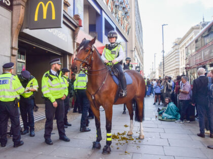 LONDON, UNITED KINGDOM - 2023/08/09: A police officer on horseback disperses the crowd on