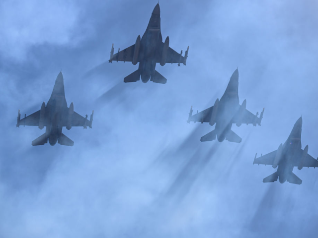 GettyImages-1687628453 DENVER, CO - SEPTEMBER 17: Four F-16s from the 120th FS Buckley Space Force Base fly over