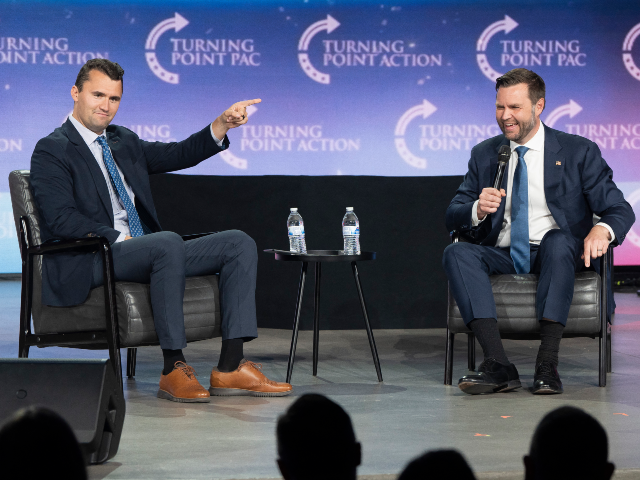 GettyImages-2169616873 Turning Point executive director Charlie Kirk (L) moderates a conversation with US Senator