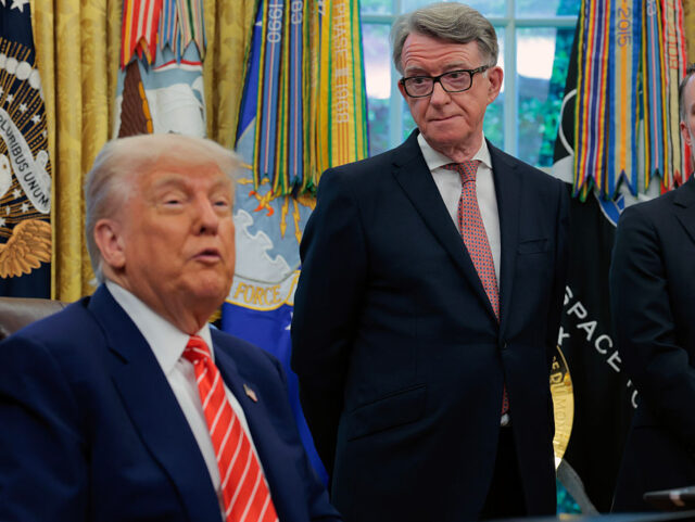 President Trump Announces A Trade Agreement With The United Kingdom WASHINGTON, DC - MAY 08: U.S. President Donald Trump speaks to reporters as Peter Mandelso