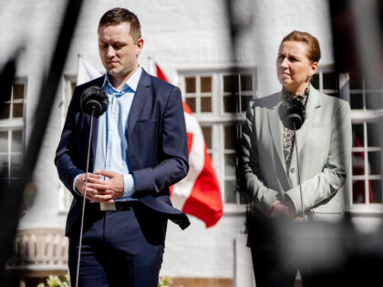 In this photo taken on April 27, 2025 Denmark's Prime Minister Mette Frederiksen (R) and G