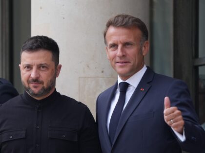 Emmanuel Macron, France's president, right, and Volodymyr Zelenskiy, Ukraine's president,