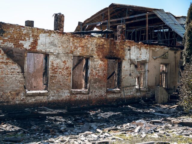 SUMY, UKRAINE - SEPTEMBER 2: A building remains destroyed after the Russian drone attack o