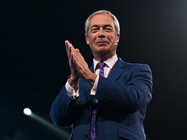 BIRMINGHAM, ENGLAND - SEPTEMBER 06: Leader of Reform UK Nigel Farage addresses delegates o