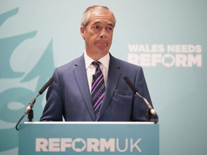 Reform UK leader Nigel Farage during a press conference in Caerphilly as he announces Llyr