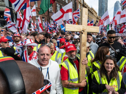 LONDON, ENGLAND - SEPTEMBER 13: Supporters of Tommy Robinson assemble for their march near