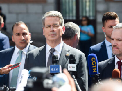 MADRID, SPAIN - SEPTEMBER 15: U.S. Treasury Secretary Scott Bessent addresses the media as