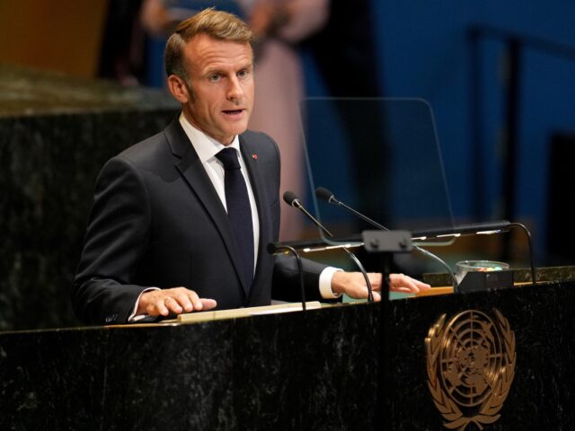 Emmanuel Macron, France's president, speaks during a United Nations conference on a Palest
