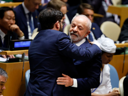 NEW YORK, NEW YORK - SEPTEMBER 23: President of Brazil Luiz Inacio Lula Da Silva (R) greet