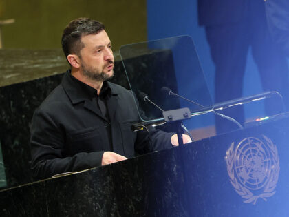 NEW YORK, NEW YORK - SEPTEMBER 24: President of Ukraine Volodymyr Zelensky speaks during t
