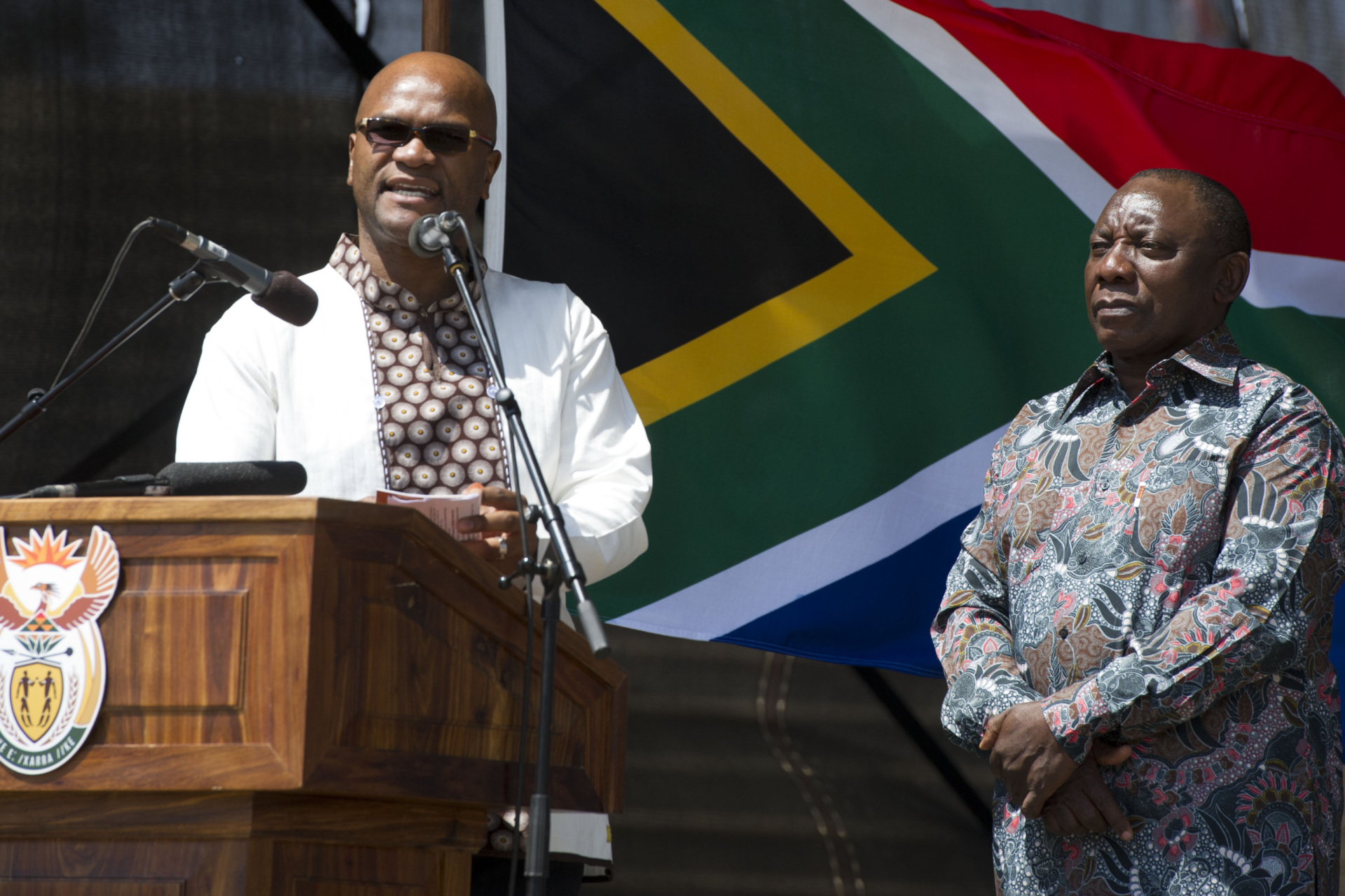 ORKNEY, SOUTH AFRICA SEPTEMBER 24 (SOUTH AFRICA OUT):Minister of Arts and Culture Nathi Mthethwa and Acting President Cyril Ramaphosa during Heritage Day celebrations at James Motlatsi Stadium on September 24, 2014 in Orkney, South Africa. People dressed in their traditional outfits attended Heritage Day celebrations across the country. (Photo by Deaan Vivier/Foto24/Gallo Images/Getty Images)
