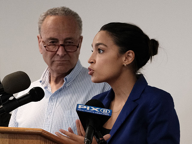 Rep. Alexandria Ocasio-Cortez (D-NY), Senate Majority Leader Chuck Schumer (D-NY) (left) a