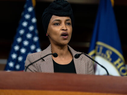 Rep. Ilhan Omar (D-MN) speaks during a news conference on re-introducing the Neighbors Not
