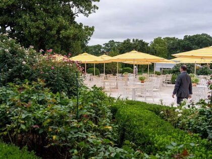 Tables and chairs in the recently renovated Rose Garden of the White House in Washington,