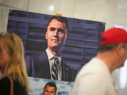A photo of Charlie Kirk is displayed during the vigil at the Utah Capitol in Salt Lake Cit
