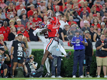 Ellis Robinson IV #1 of the Georgia Bulldogs breaks up a pass intended for Germie Bernard